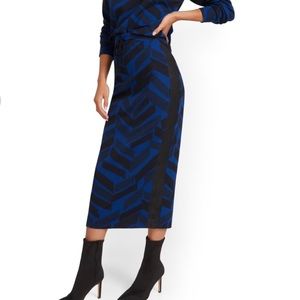 Blue/Black Faux-Leather Inset Geometric-Print Pencil Midi Skirt